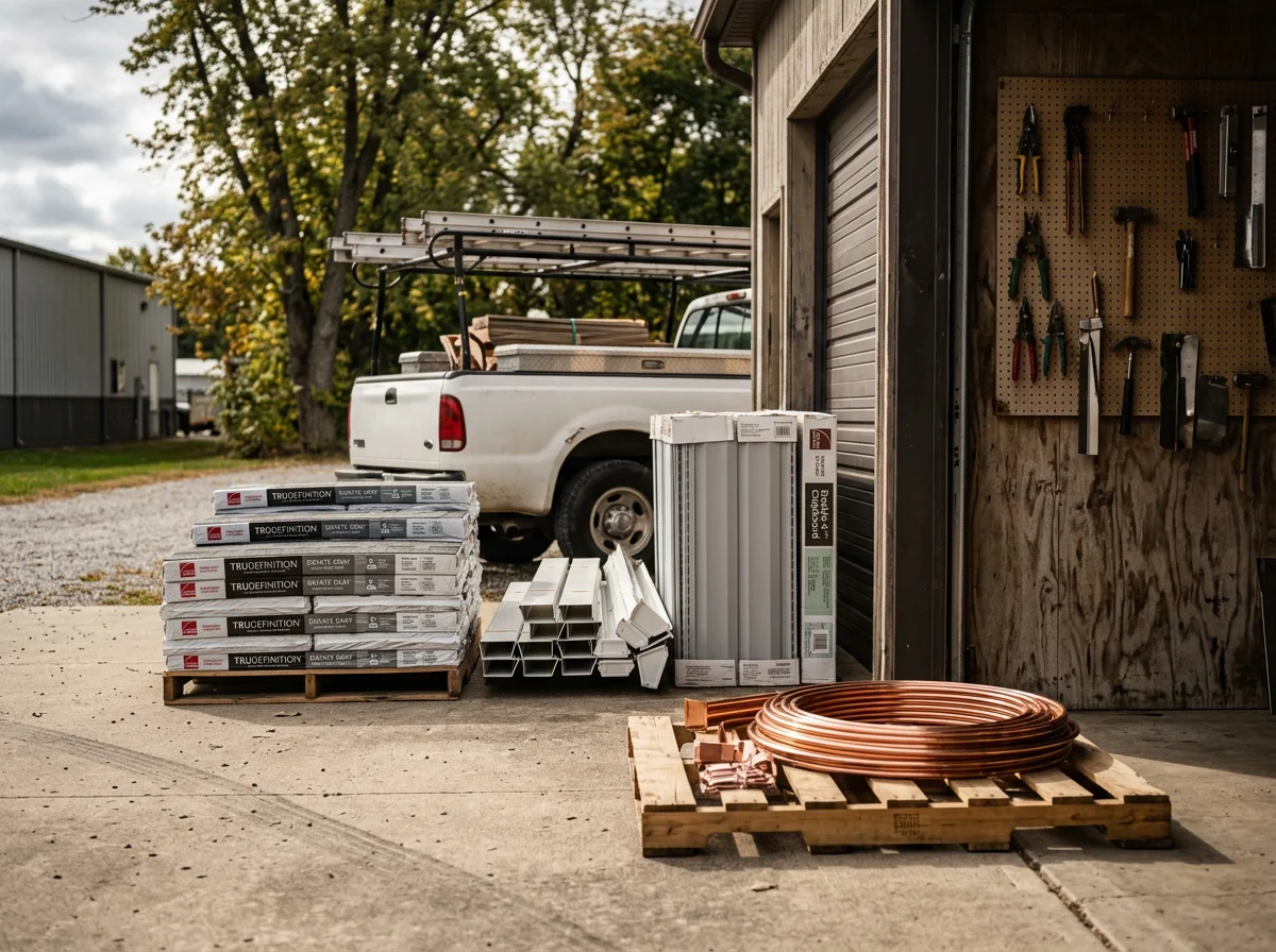 Professional roofing, siding, and gutter tools and materials ready for installation on residential homes.