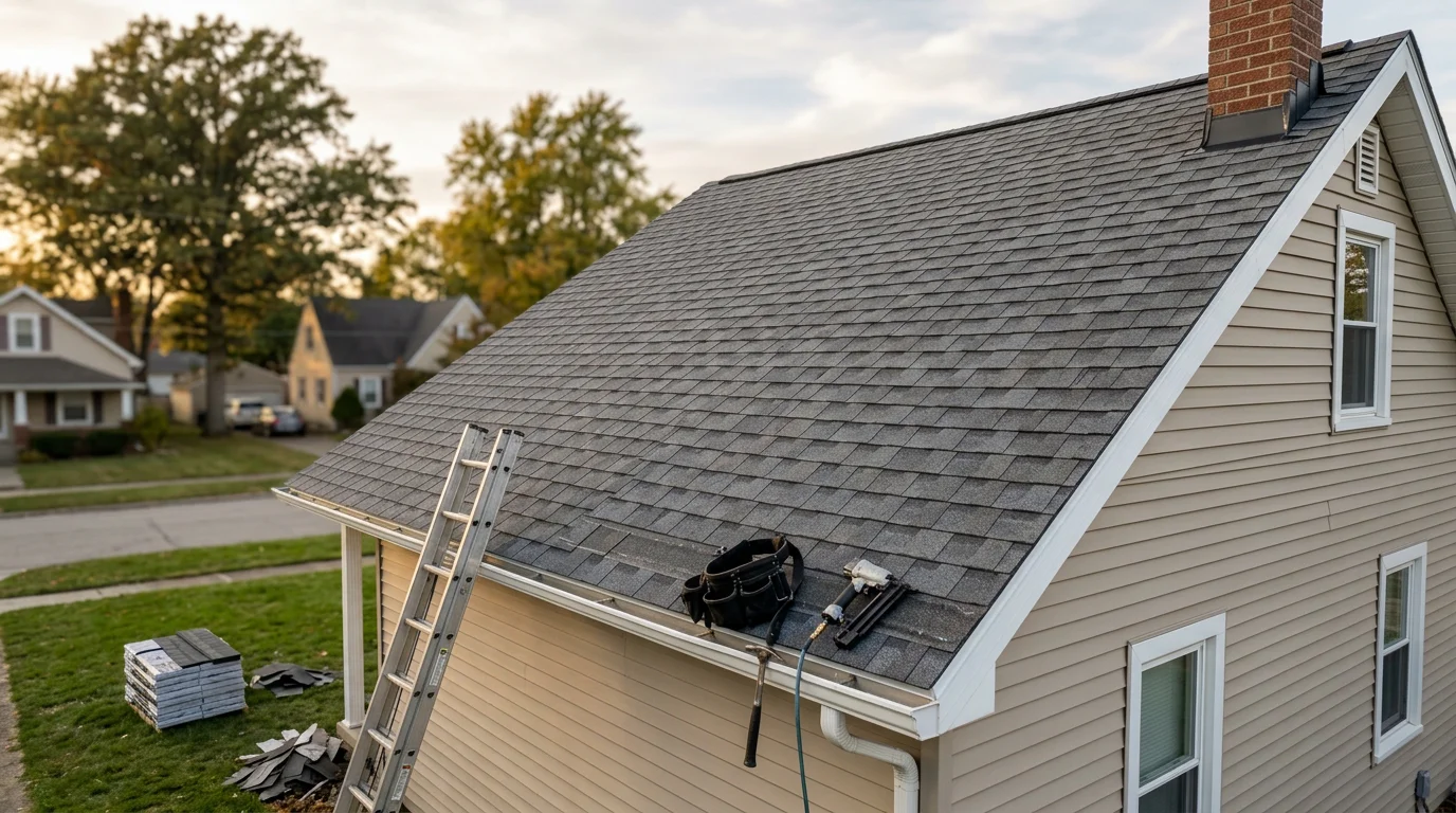Professional roofer installing shingles on a residential home