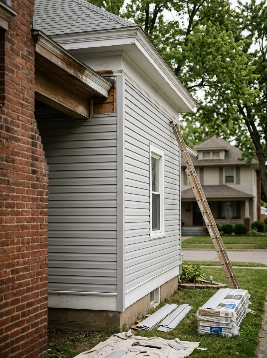 New vinyl siding being installed on an early 20th-century wood-frame home on Defiance Street in Archbold, OH, with original wood siding removed to expose wall sheathing.