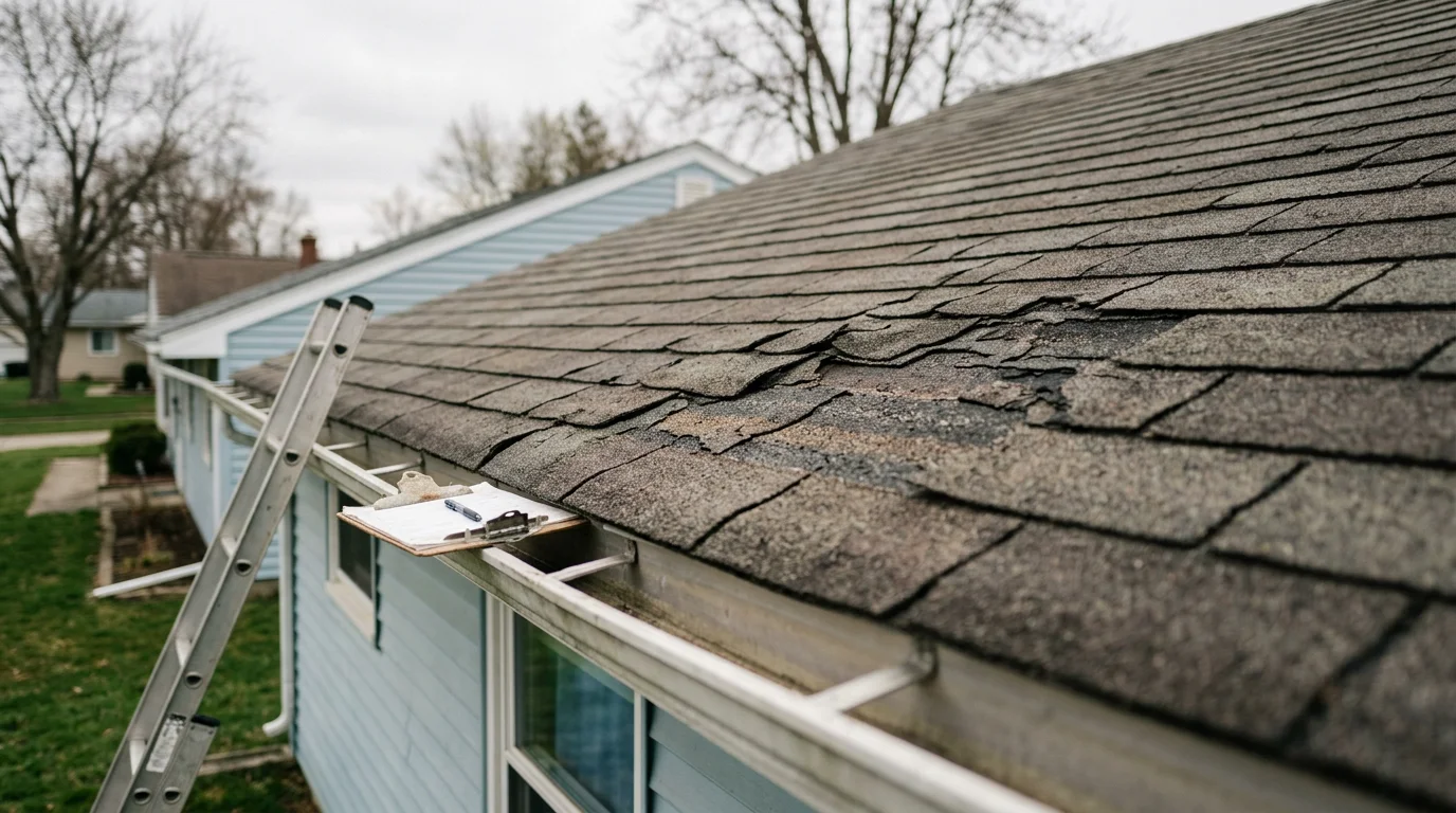 Close-up of a worn asphalt shingle roof on a 1960s single-family home in Bryan, Ohio, showing curling edges and granule loss near the ridge.