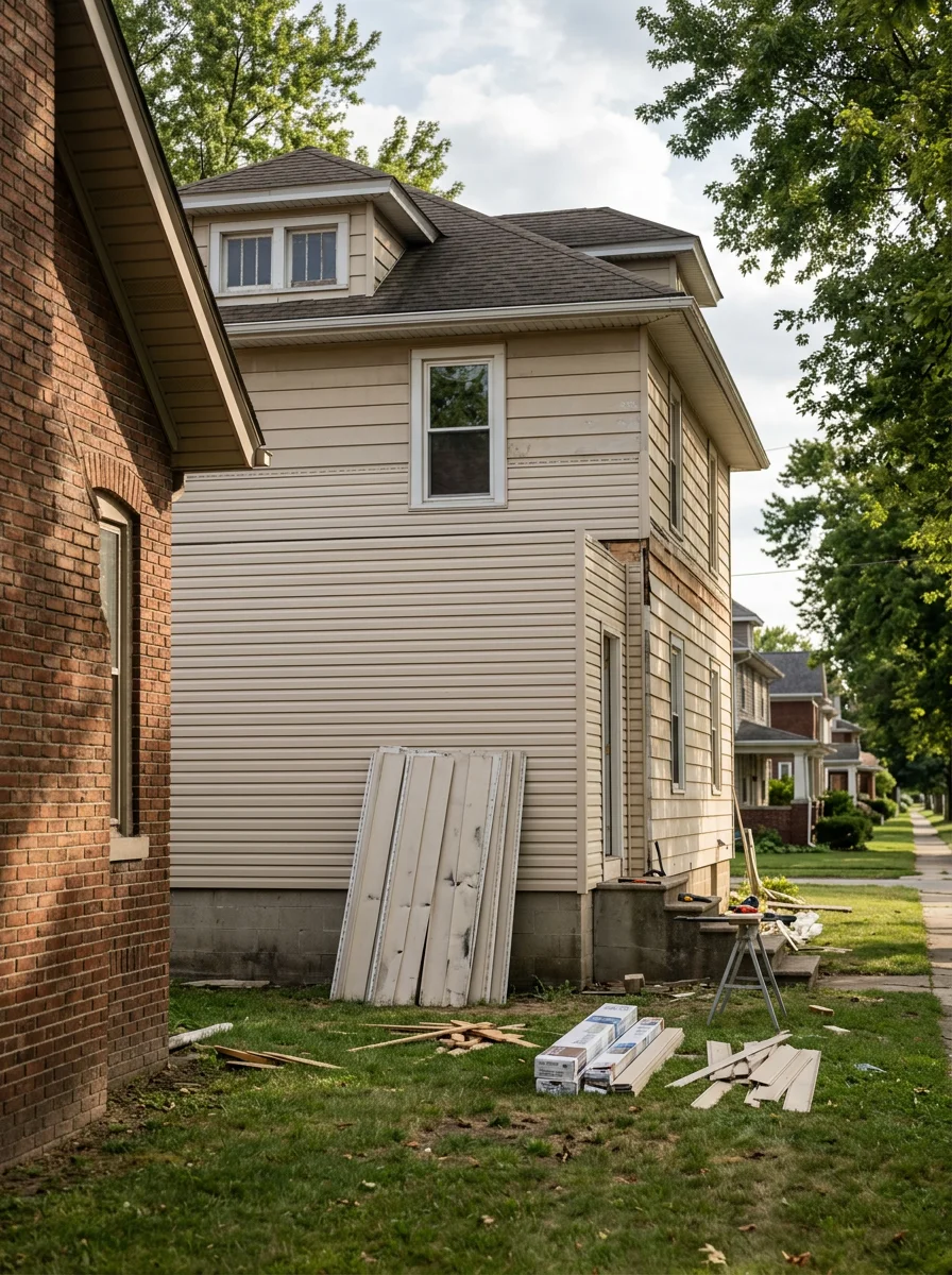 New vinyl siding installation on a two-story home in a Defiance, OH subdivision, with original aluminum siding stacked on the ground below.