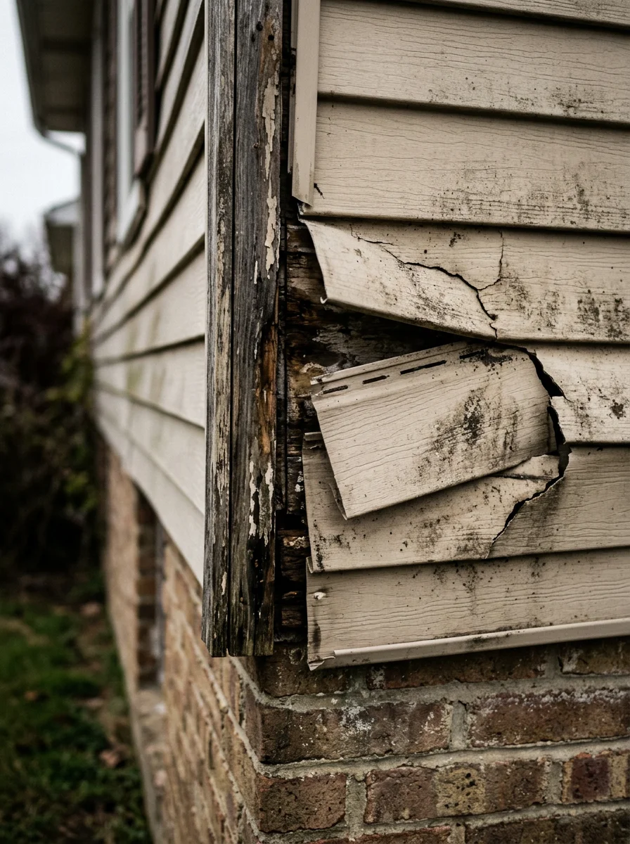 Close-up of cracked and buckled vinyl siding panels on an Edgerton, OH home, showing gaps at the trim joint where moisture has entered the wall.