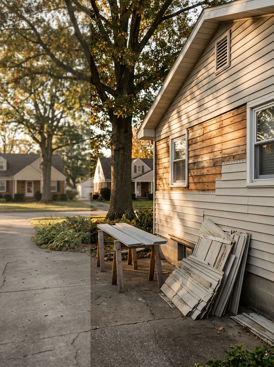 New siding installation on the storm-facing south wall of a Hicksville, OH home, with cracked original vinyl panels removed and stacked on the ground.