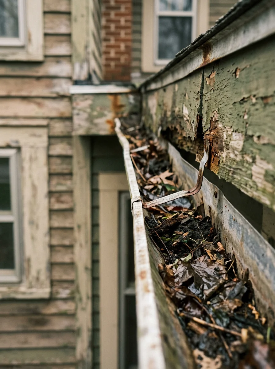 Contractor inspecting sagging gutters pulling away from the fascia board on an older in-village home in Sherwood, OH, with storm debris visible in the gutter trough.