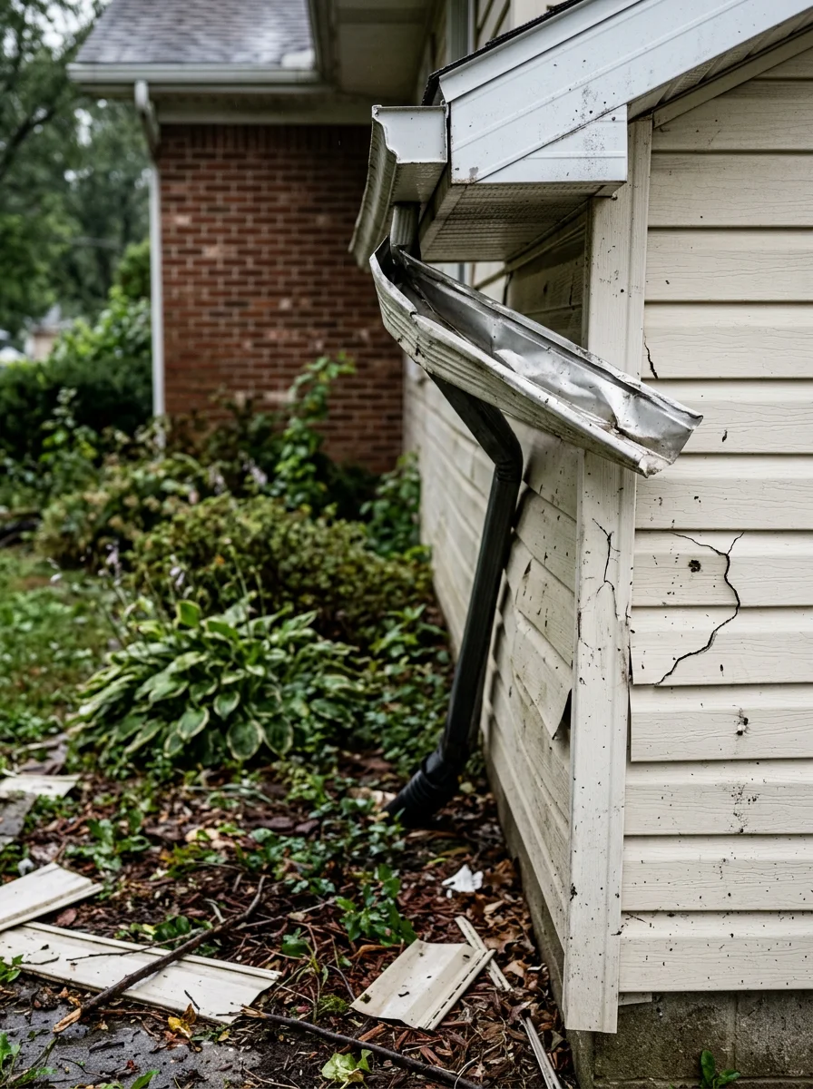 Contractor inspecting dented aluminum gutters and cracked vinyl siding panels on a Van Wert, OH home following storm damage.