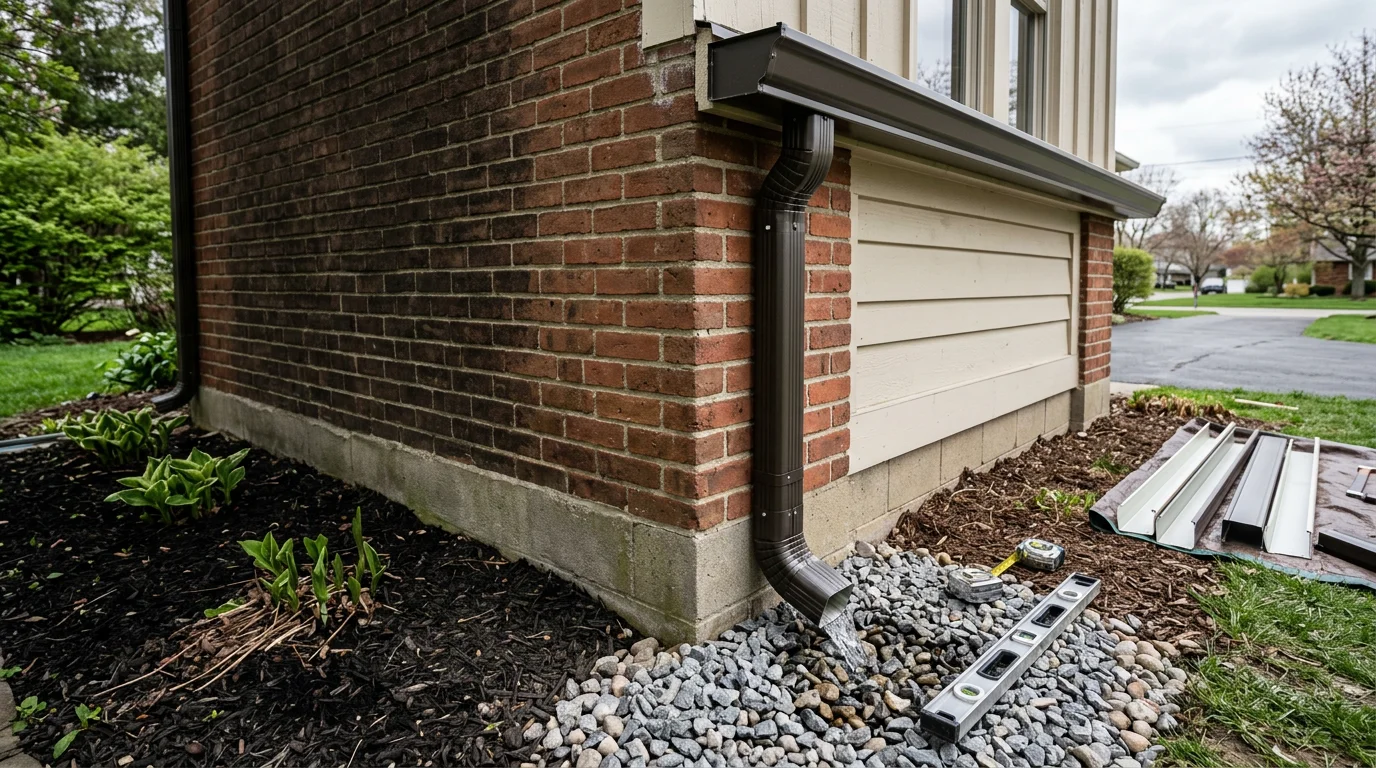 Newly installed metal downspout on the corner of a single-family home in Bryan, Ohio, routing rainwater away from the foundation along a residential street. Close view shows the downspout elbow and extension directing water across a grassy yard.