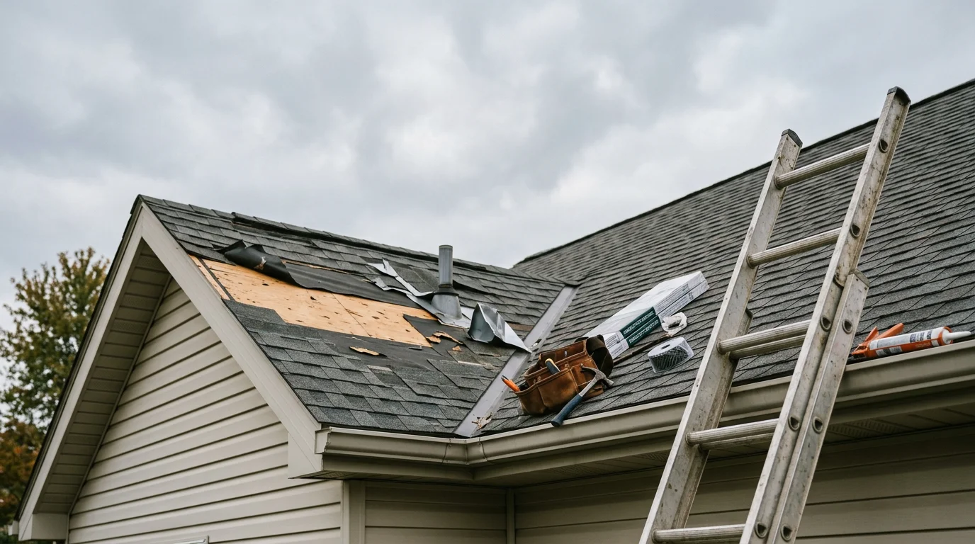 A northwest Ohio home in Bryan with storm-damaged shingles being repaired by a G Family Renovation crew after a high-wind weather event. Close-up view of a roofer securing exposed roof decking on a residential property.