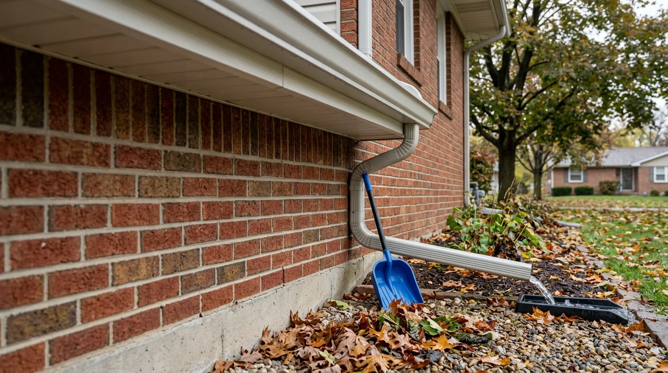 A gutter channel on a Bryan, Ohio single-family home being cleared of packed autumn leaves and debris. The downspout below runs clean water away from the home's foundation after the cleaning is complete.