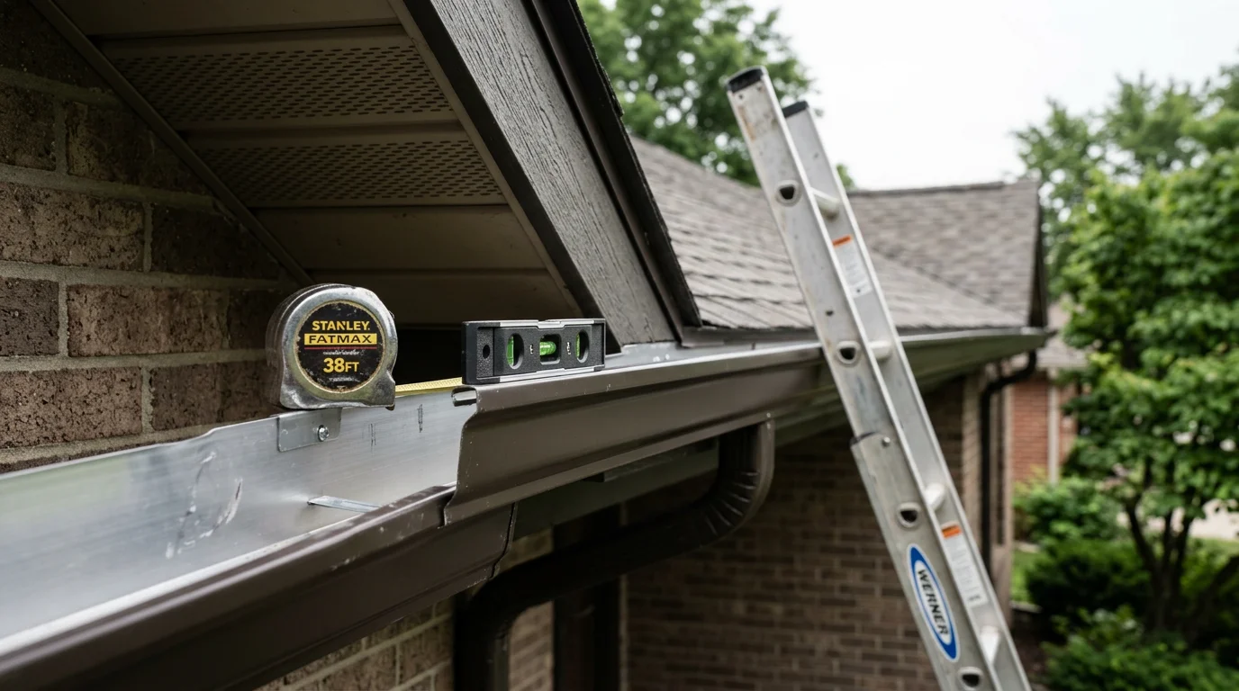 Newly installed gutters running along the roofline of a residential home in Bryan, Ohio, with a downspout positioned to direct water away from the foundation.