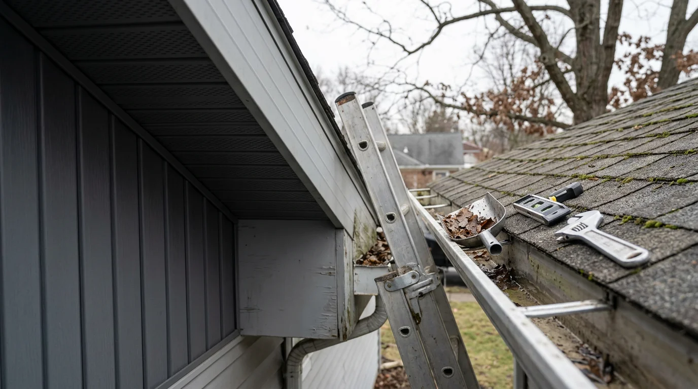 A gutter system along the roofline of a northwest Ohio home being inspected for sagging sections and drainage issues. A technician checks hanger connections and downspout flow on a residential property in the Bryan area.
