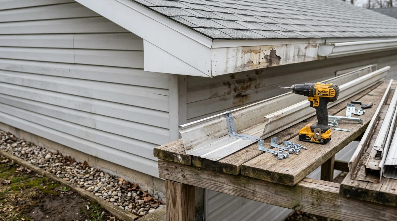 A repaired residential gutter running along the roofline of a home in Bryan, Ohio, with sealed joints and properly aligned sections. Close-up view shows a clean, straight gutter channel ready to direct water away from the fascia and foundation.