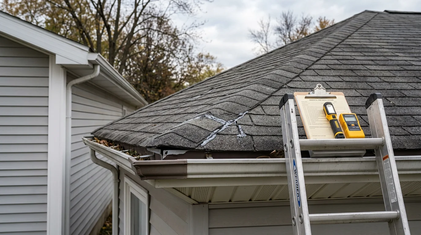 A roofer from G Family Renovation examining shingles and flashing on a residential roof in Bryan, Ohio. The inspector checks for storm damage and wear on a typical Northwest Ohio home.