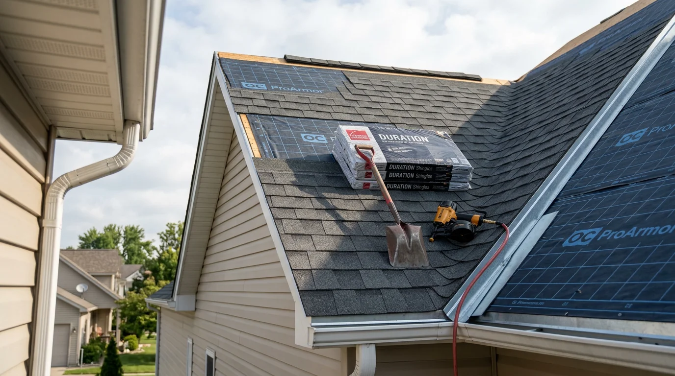 A newly installed residential roof on a single-family home in Bryan, Ohio, showing clean field installation, finished ridge line, and properly set drip edge along the eaves.