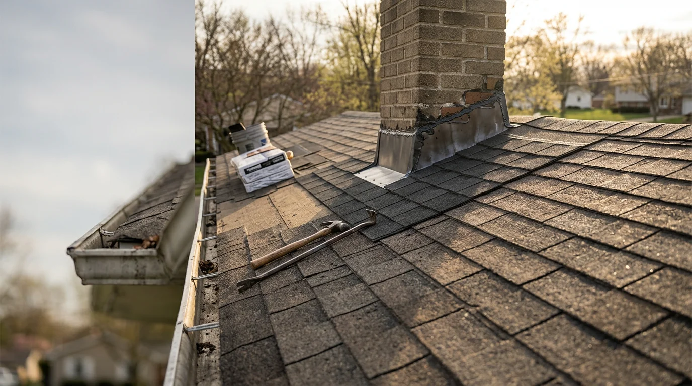 A roofer repairing damaged shingles and flashing on a residential home in Bryan, Ohio. Close-up view of repaired roof sections showing restored shingle alignment and sealed flashing along a roofline.