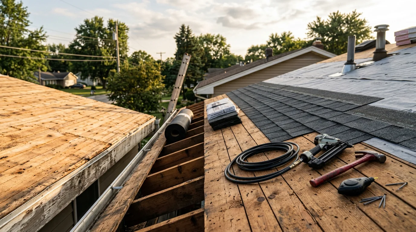 A completed residential roof replacement on a single-family home in Bryan, Ohio, showing new roofing installed over a wood-framed house on a quiet neighborhood street. The finished roof covers the full structure with clean ridge lines and no visible damage or missing sections.