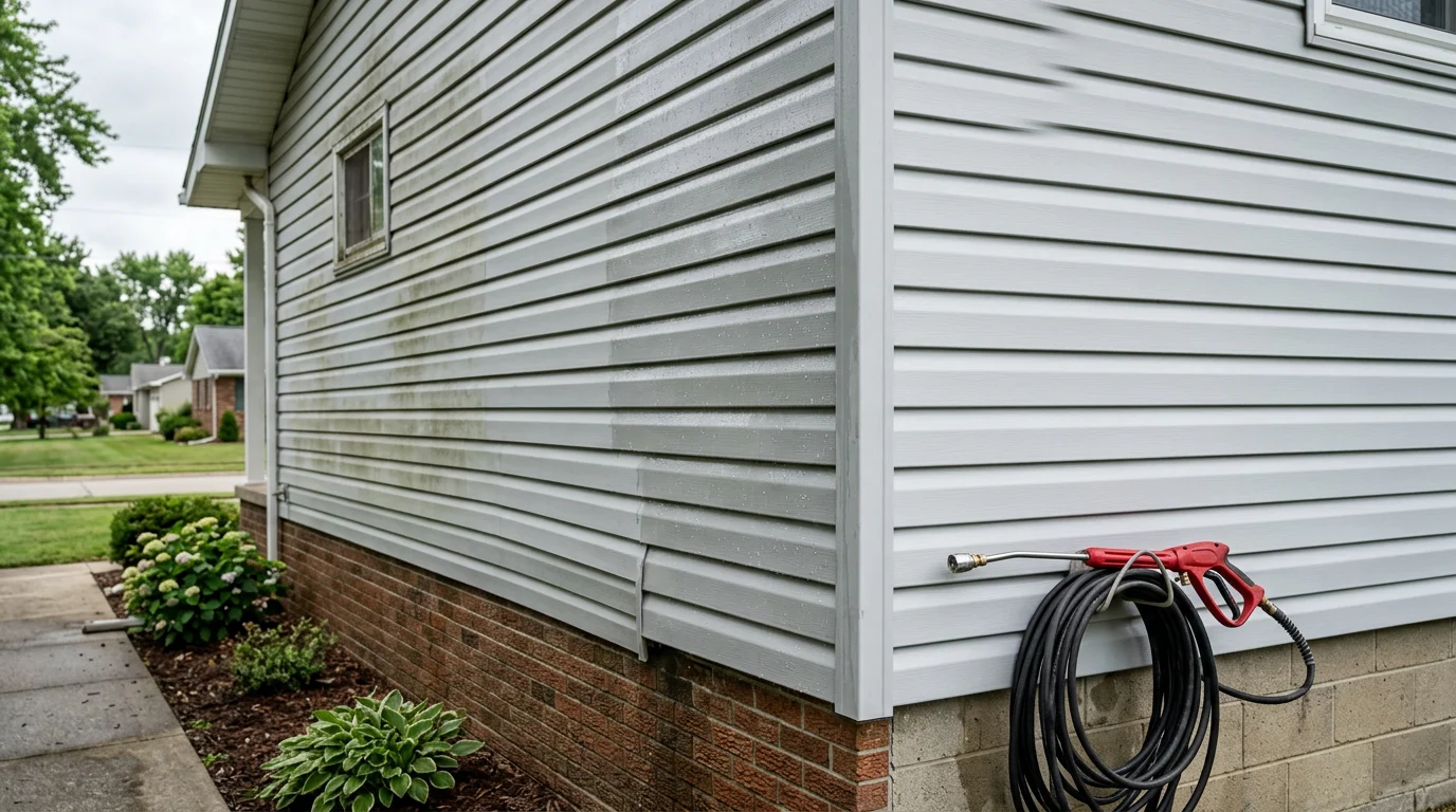 A residential home in Bryan, Ohio with clean, streak-free siding after professional siding cleaning service. Green algae and dark mildew stains have been removed from the exterior panels, restoring the home's original color.