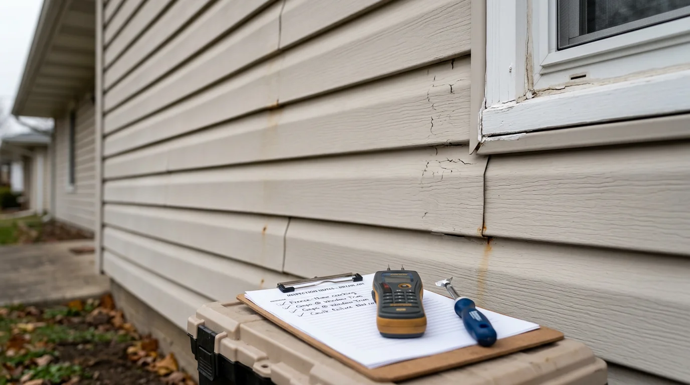 A siding contractor inspecting the exterior panels and trim of a residential home in Bryan, Ohio, checking seams and flashing for cracks and moisture damage.