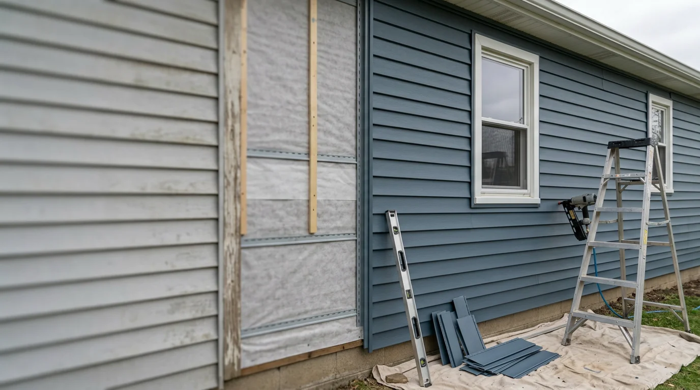Newly installed siding on a residential home in Bryan, Ohio, showing clean panel lines and a finished exterior ready for northwest Ohio weather. G Family Renovation completed the full installation across the front and side walls of the house.