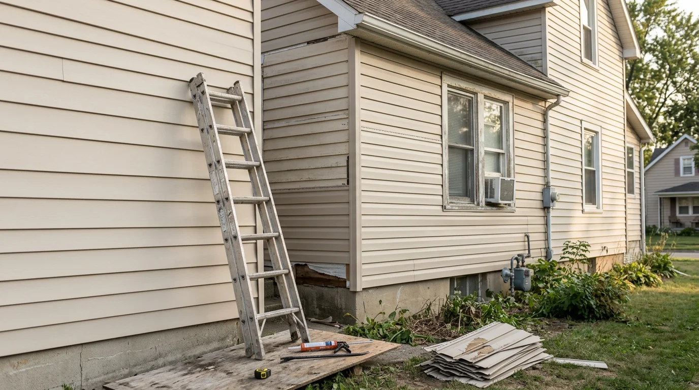 Close-up view of a repaired siding section on a residential home in Bryan, Ohio, showing patched and matched exterior panels after weather damage. A contractor examines the finished repair along the side of a northwest Ohio home on a clear day.
