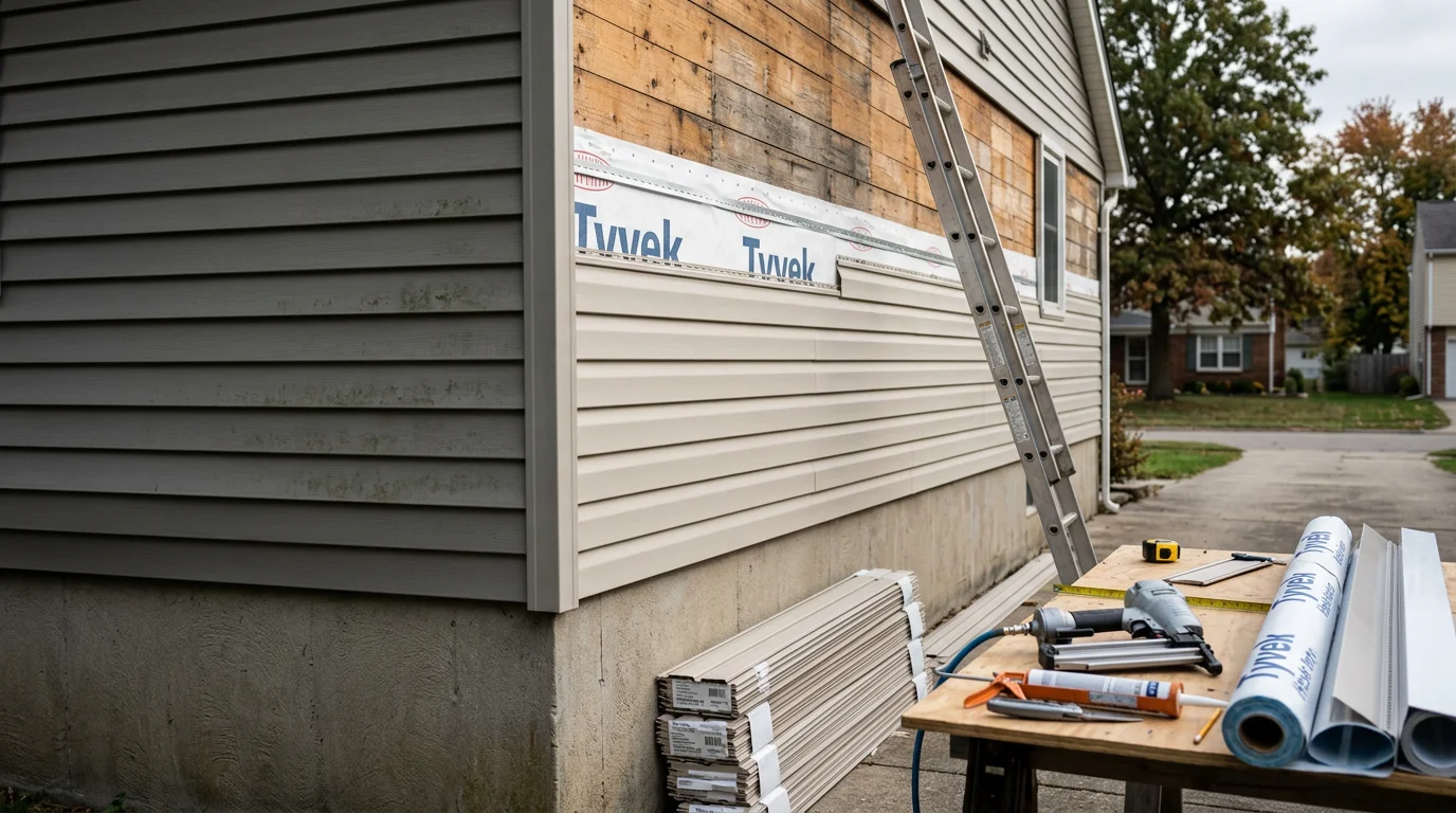 Freshly replaced exterior siding on a residential home in Bryan, Ohio, showing clean panel lines and tight seams around windows. The completed exterior reflects a full siding replacement on a northwest Ohio home.